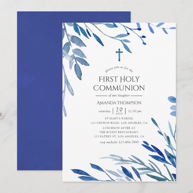 Watercolor Navy Indigo Leaves First Communion Invitation (Front/Back)
