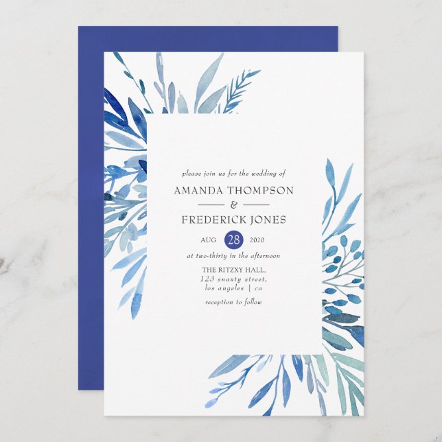 Watercolor Navy Indigo Leaves Wedding Invitation (Front/Back)