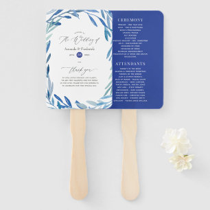 Watercolor Navy Indigo Leaves Wedding Program Hand Fan
