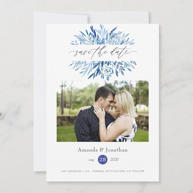 Watercolor Navy Indigo Leaves Wedding Save The Date (Front)