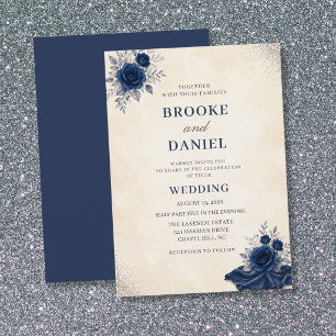 Watercolor Navy Rose Beige Drapery Wedding Invitation