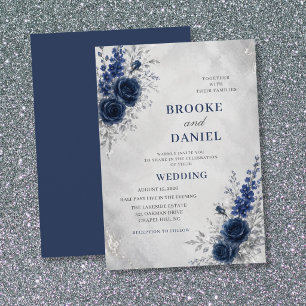 Watercolor Navy Rose Delphinium Silver Wedding Invitation