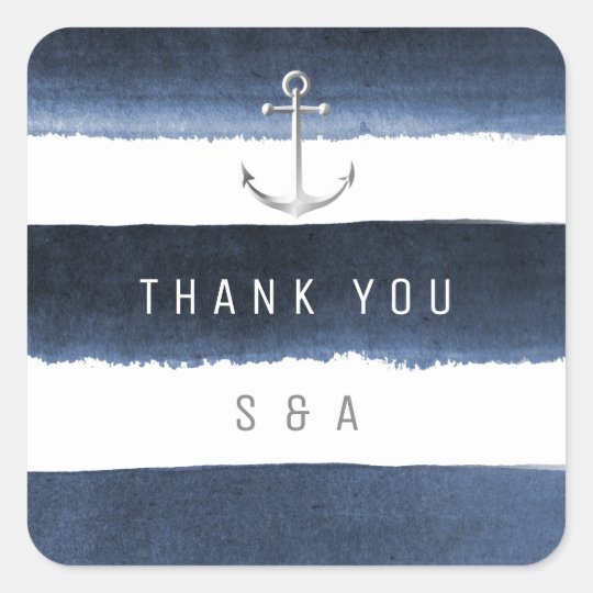 Watercolor navy stripes anchor beach wedding square sticker