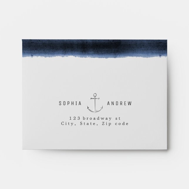 Watercolor navy stripes and anchor RSVP Envelope (Front)