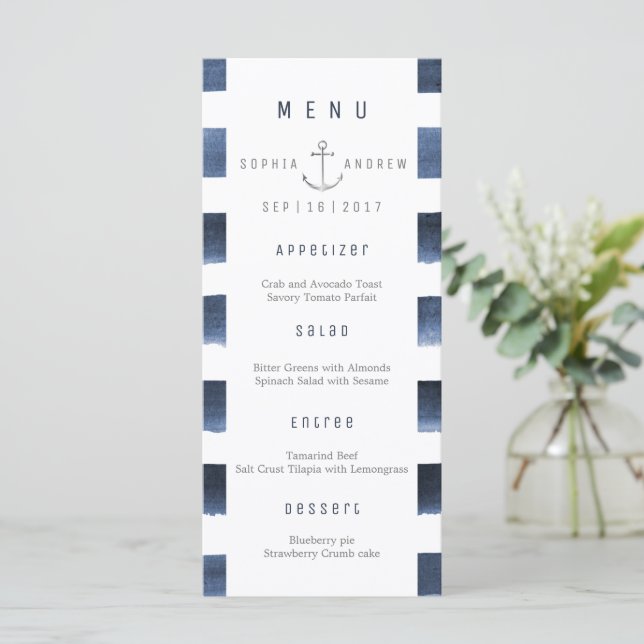 Watercolor navy stripes beach wedding menu (Standing Front)