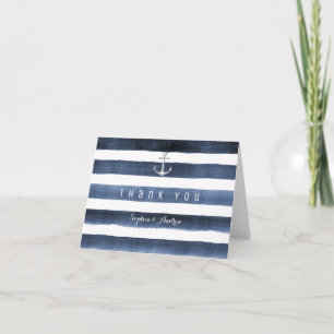 Watercolor navy stripes beach wedding thank you card