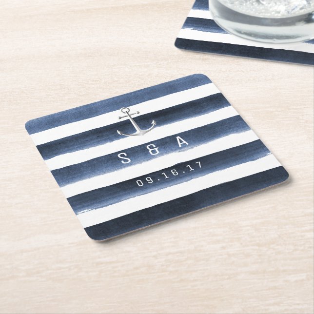 Watercolor navy stripes monogram beach wedding square paper coaster (Angled)