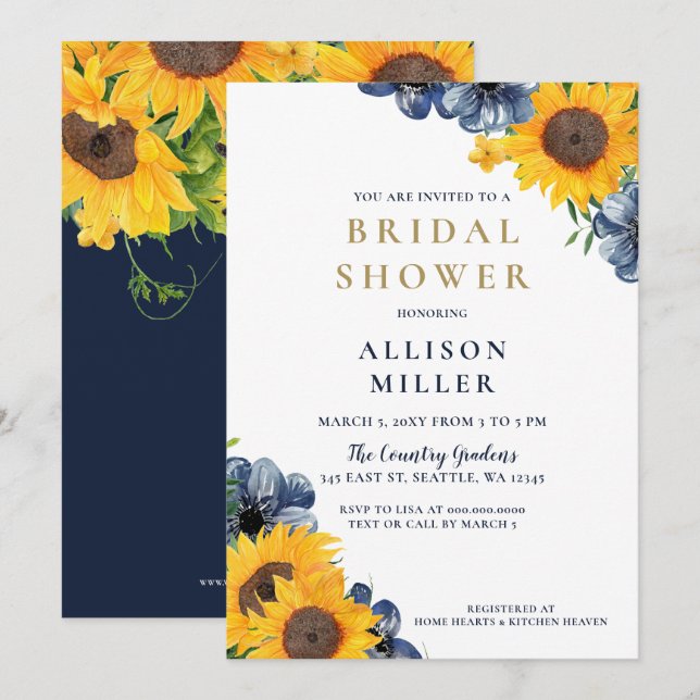 Watercolor Navy Sunflower Rustic Bridal Shower Invitation (Front/Back)