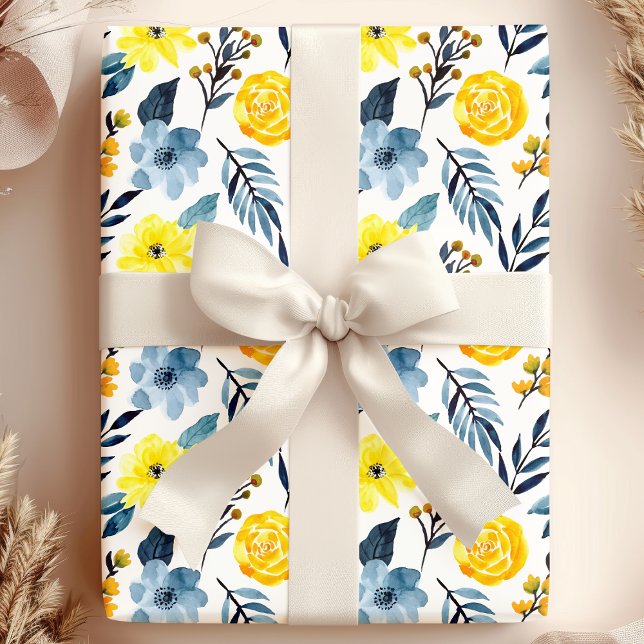 Watercolor Navy Yellow Boho Floral Flower Wrapping Paper (Creator Uploaded)