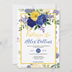 Watercolor Navy & Yellowish Gold Floral Wedding Invitation