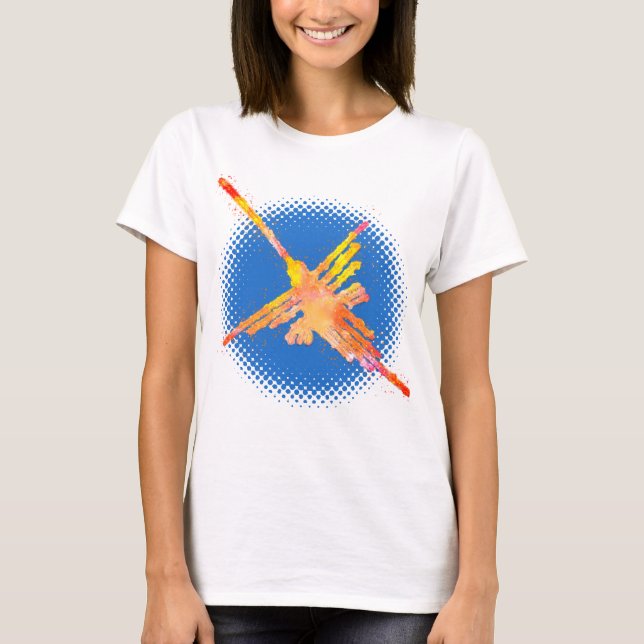 Watercolor Nazca Hummingbird In Blue Sky T-Shirt (Front)