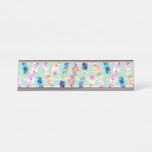 Watercolor Nebula Pineapples Gold Stripes Design Desk Name Plate