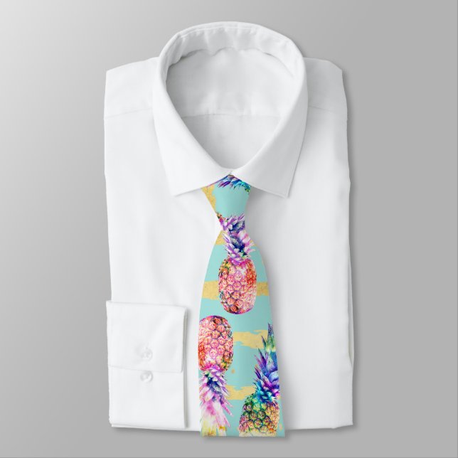 Watercolor Nebula Pineapples Gold Stripes Design Tie (Tied)