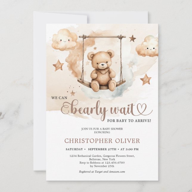 Watercolor neutral brown hues teddy bear on swing invitation (Front)