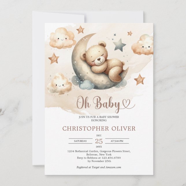Watercolor neutral colours teddy bear over the moo invitation (Front)