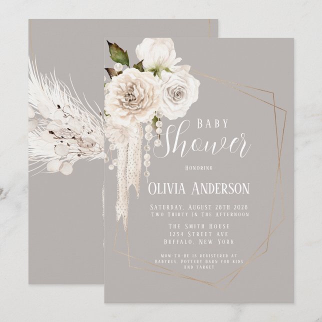 Watercolor Neutral Pearls and Florals Baby Shower Invitation (Front/Back)