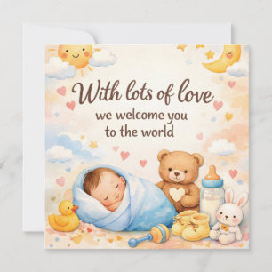 Watercolor New Baby Welcome Greeting with Teddy Holiday Card