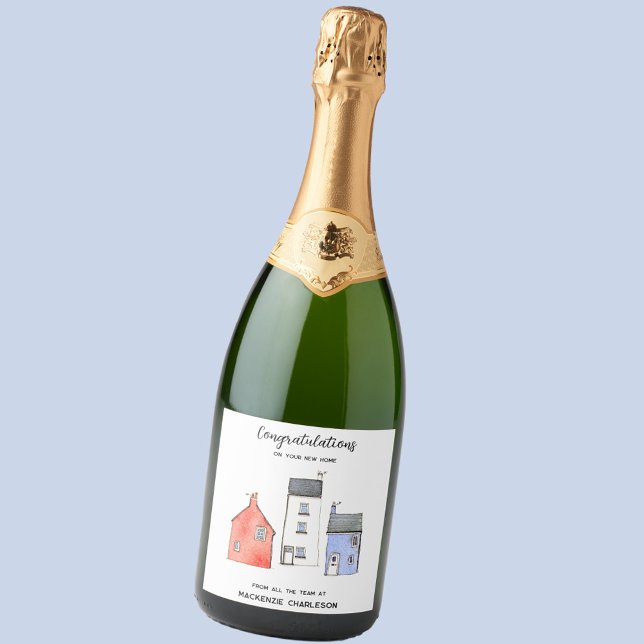Watercolor New Home Real Estate Congratulations Sparkling Wine Label (Custom text congratulations on your new home real estate letting agent promotional bottle label)