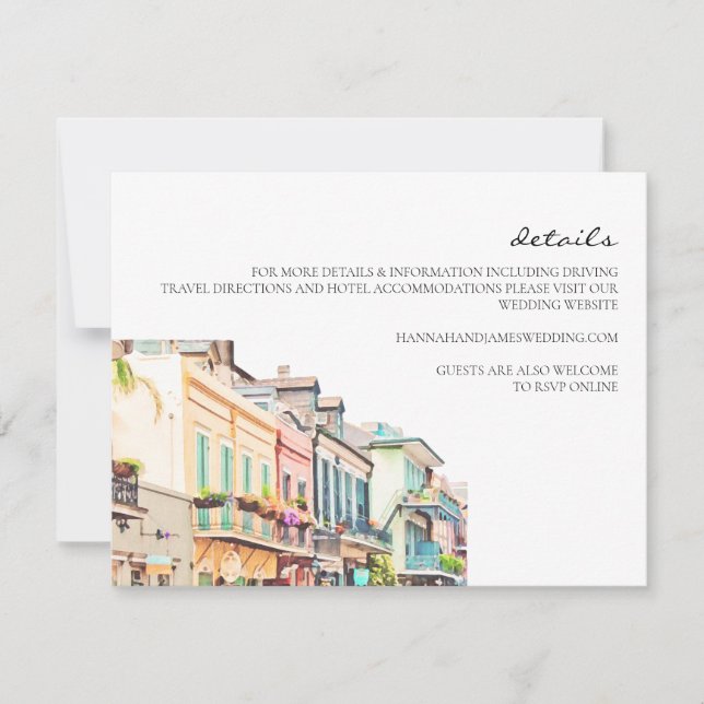 Watercolor New Orleans Wedding Details Card (Front)