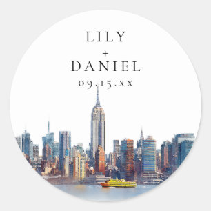Watercolor New York City Destination Wedding Classic Round Sticker