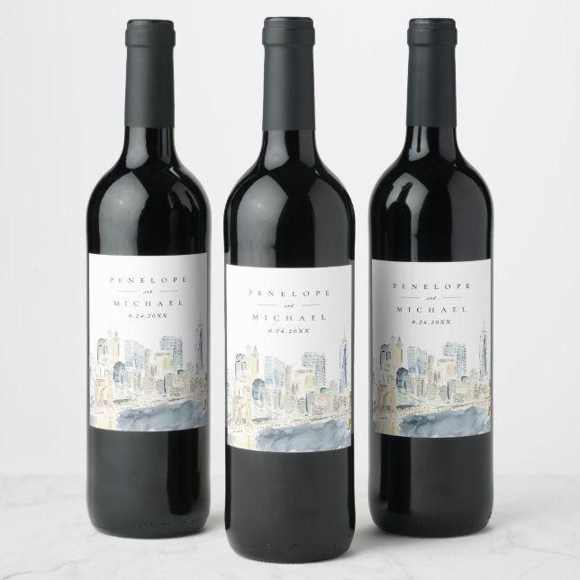 Watercolor New York City Skyline Wedding Wine Label (Bottles)
