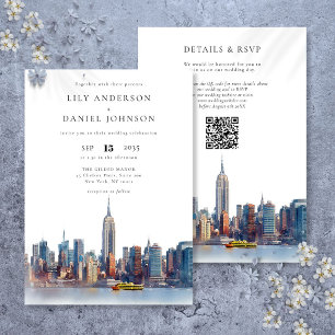 Watercolor New York Skyline QR Code Wedding Invitation