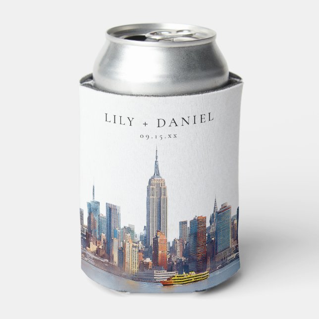 Watercolor New York Skyline Wedding Can Cooler (Can Front)