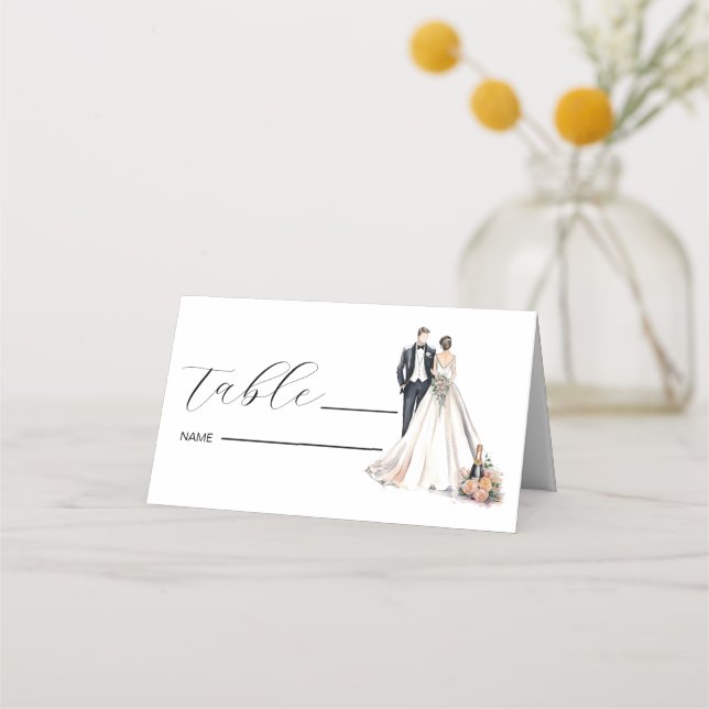 Watercolor Newlyweds Wedding Place Card (Front)