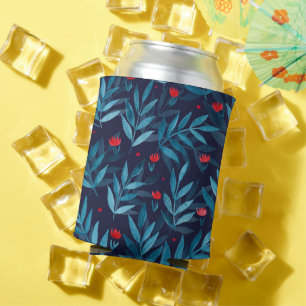 Watercolor night garden - turquoise, blue and red can cooler