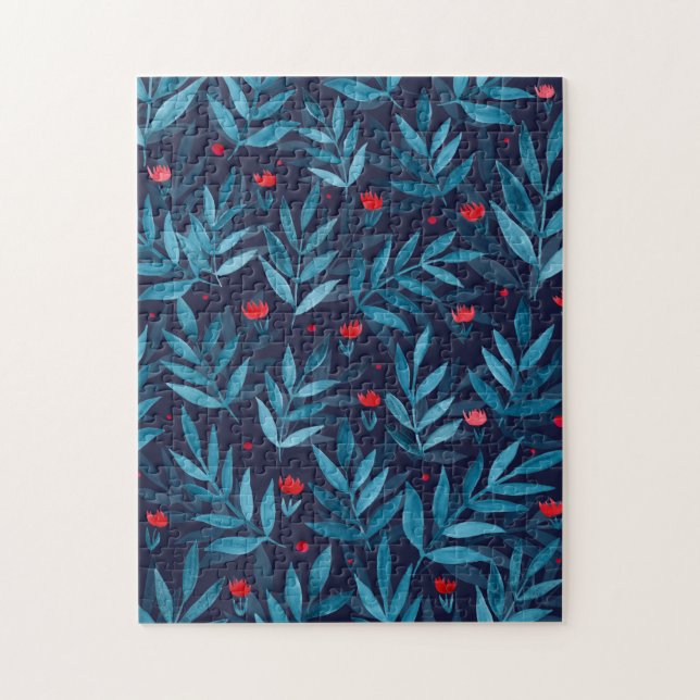 Watercolor night garden - turquoise, blue and red jigsaw puzzle (Vertical)