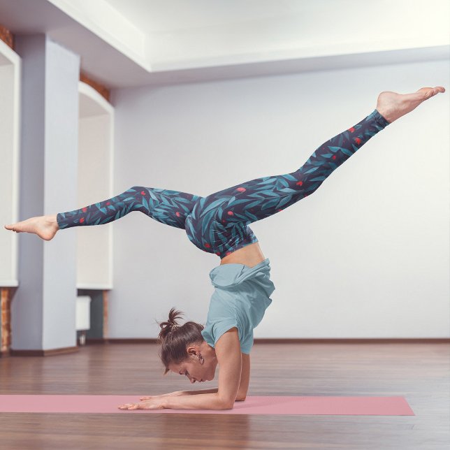 Watercolor night garden - turquoise, blue and red leggings (Creator Uploaded)