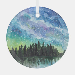 Watercolor night landscape, Milky Way Glass Ornament