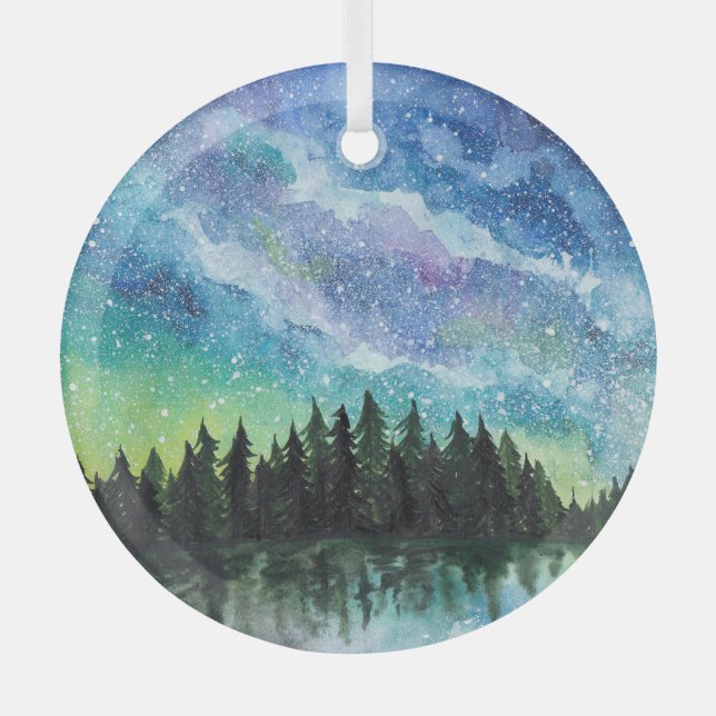 Watercolor night landscape, Milky Way Glass Ornament (Front)