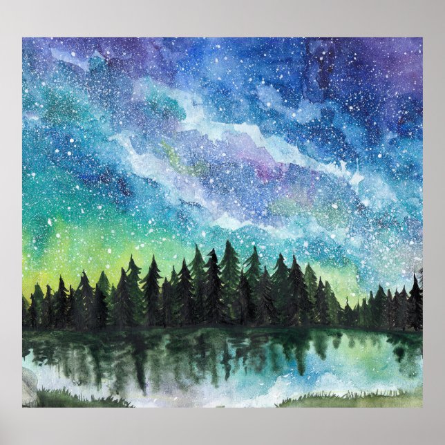 Watercolor night landscape, Milky Way Poster (Front)