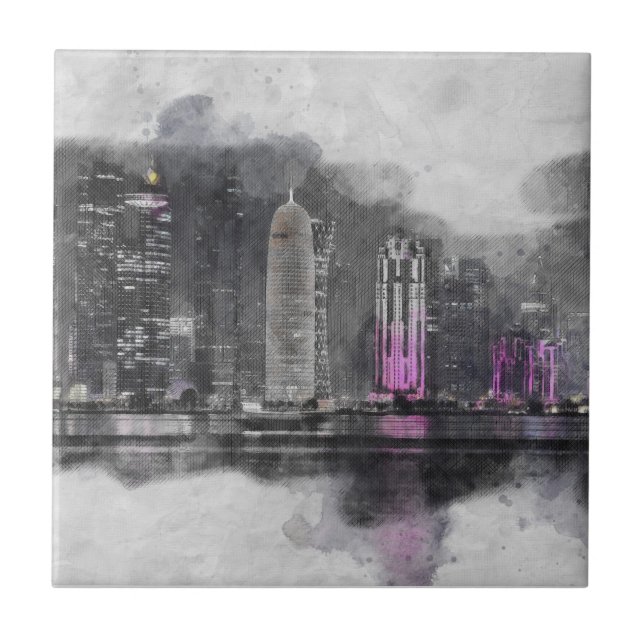 Watercolor Night Qatar Ceramic Tile Wall Decor (Front)