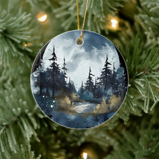 Watercolor Nightsky View with Large Moon Ceramic Ornament (Tree)