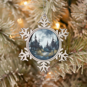 Watercolor Nightsky View with Large Moon Snowflake Pewter Christmas Ornament