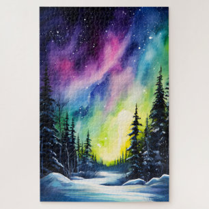 Watercolor Northern Lights aurora borealis Jigsaw Puzzle