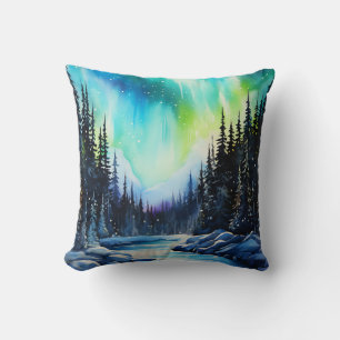 Watercolor Northern Lights aurora borealis Throw Pillow