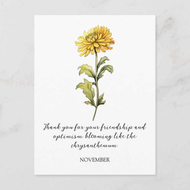 WATERCOLOR NOVEMBER CHRYSANTHEMUM BIRTH FLOWER POSTCARD (Front)