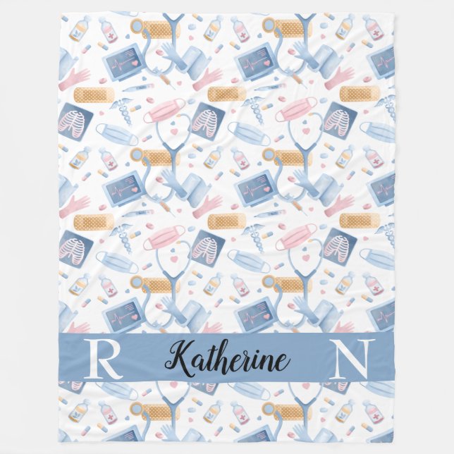 Watercolor Nurse | Dr Medical Collage Blue Pink Fleece Blanket (Front)