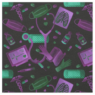 Watercolor Nurse   Dr Medical Collage Teal Purple Fabric