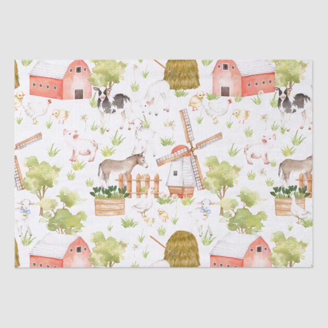 Watercolor Nursery Farm Land Animals Tissue Paper (Front)