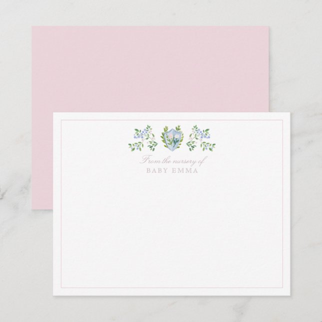 Watercolor nursery floral crest note card (Front/Back)
