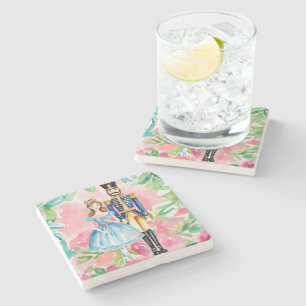 Watercolor Nutcracker and Clara Christmas Stone Coaster