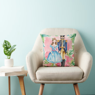 Watercolor Nutcracker and Clara Christmas Throw Pillow