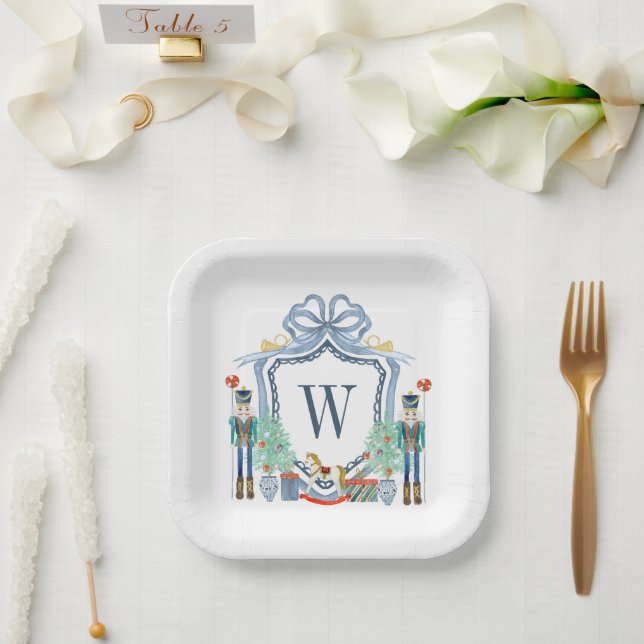 Watercolor Nutcracker Monogram Crest Christmas Paper Plate (Wedding)
