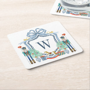 Watercolor Nutcracker Monogram Crest Christmas Square Paper Coaster