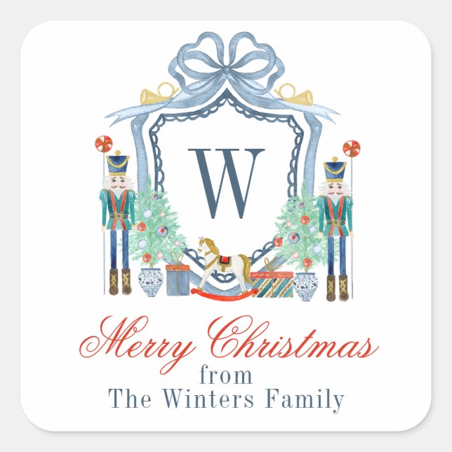 Watercolor Nutcracker Monogram Crest Christmas Square Sticker (Front)