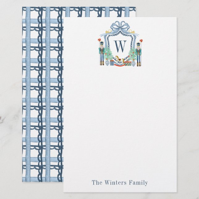 Watercolor Nutcracker Monogram Crest Christmas Stationery (Front/Back)